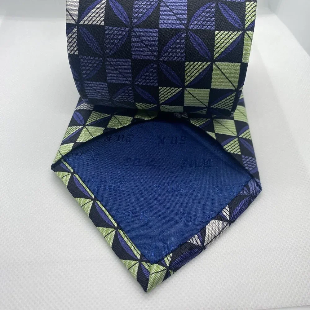 Carlos Devenezia Roma Barcelona 100% Silk Tie Green Blue Squares Men's Hand Made